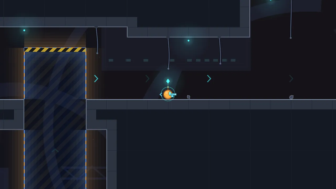 Aim Down, Go Up: a small orange robot with a pistol stands in a dark station corridor next to a striped gravity field
