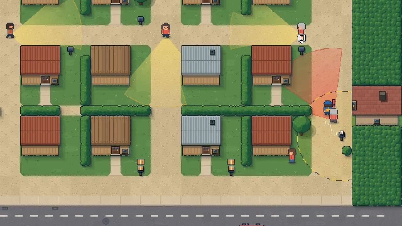 Card and Run: a courier sprints away from a letterbox through the allotments while a customer gives chase