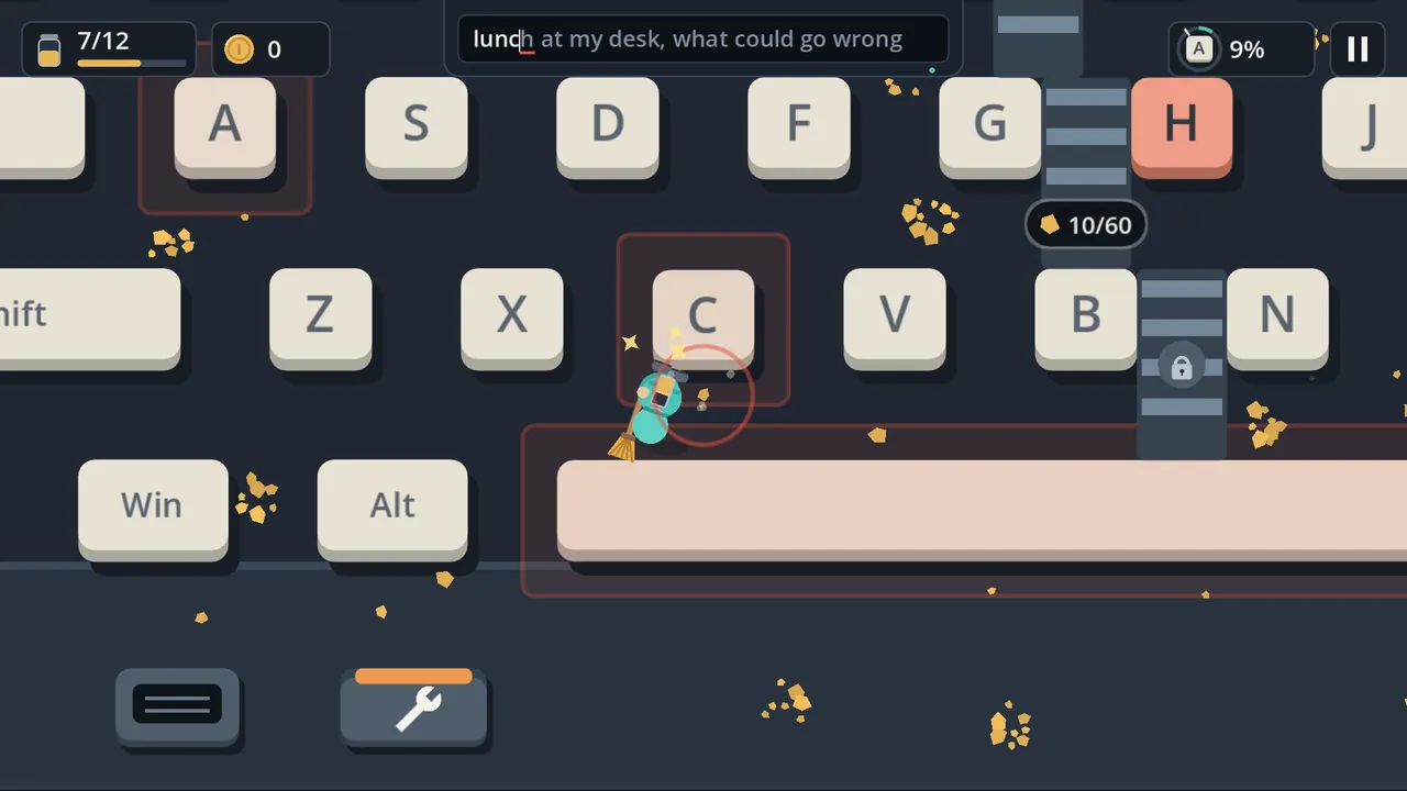 Crumbworks: a tiny janitor sweeps crumbs between the keys of a giant keyboard