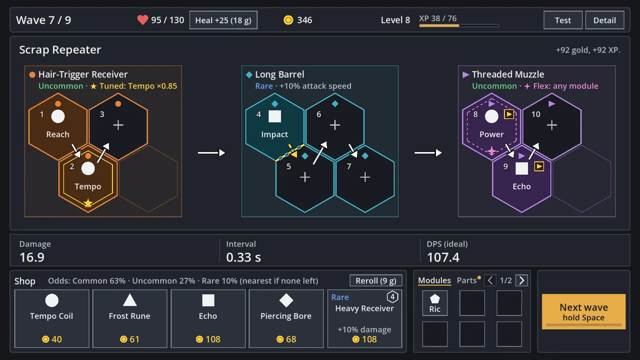 Havocsmith: the weapon workshop, three hexagonal module grids feeding into one weapon