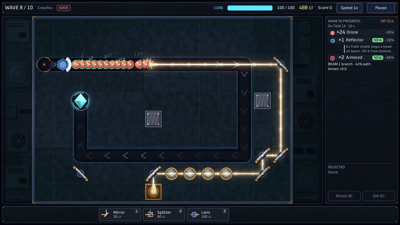 Lethal Geometry gameplay: a column of enemies walks into a laser beam bent around the path by mirrors and charged by lenses