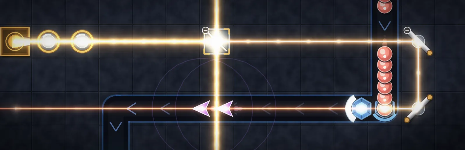 Lethal Geometry gameplay: a laser beam split by mirrors burns through a column of enemies on a dark grid