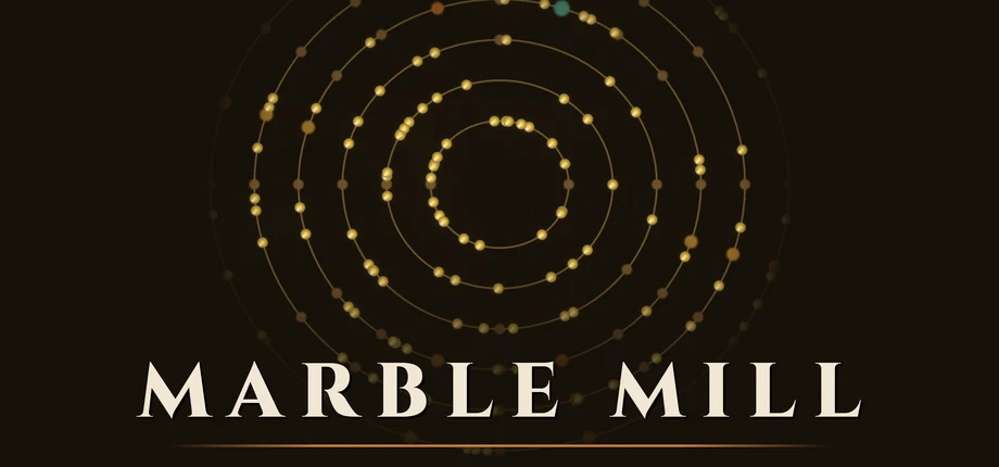 Marble Mill capsule art: golden marbles on the mill's rings under the game's title